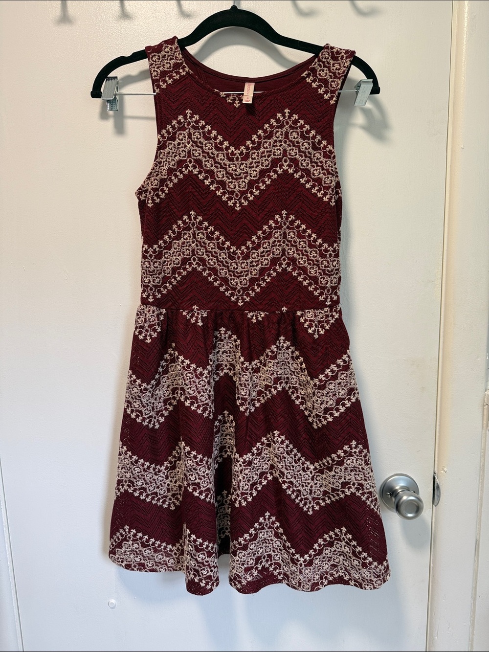Xhilaration Burgundy and Cream Chevron Lace Dress